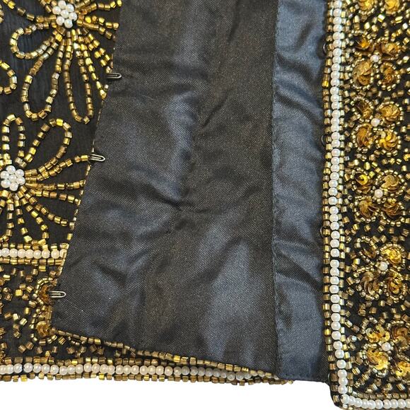 Vintage 90s Papell Boutique Beaded Silk Evening Jacket 4P Black Gold Formal Glam - Picture 7 of 10